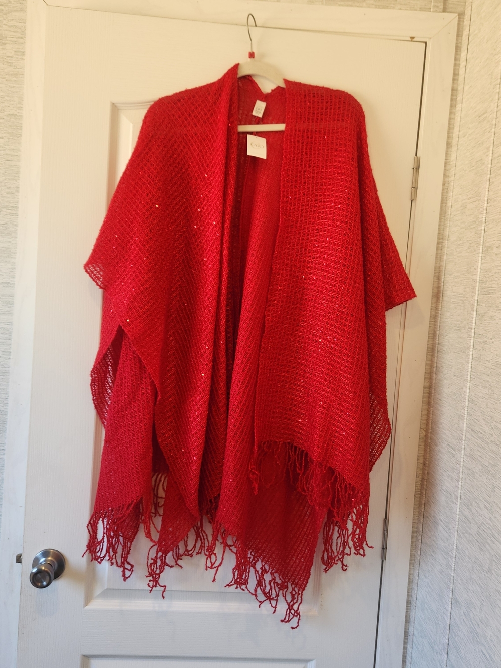Cato Red Open Knit Fringe Cardigan Poncho BNWT